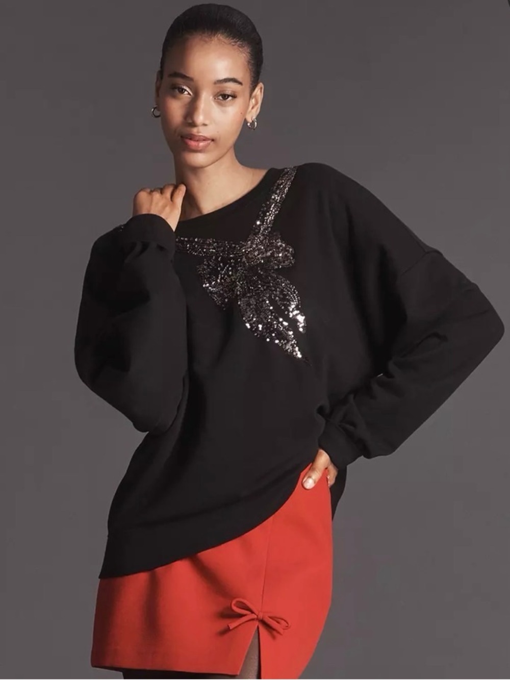 Maeve Black Sequin-Embellished Bow Sweatshirt XS oversized Anthropologie nwt
